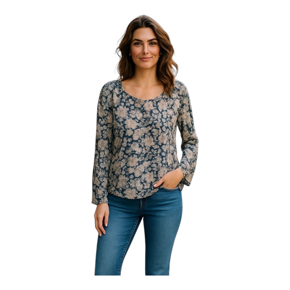 LOFT Floral Navy Long Sleeve Blouse